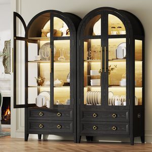 Arched Curio Cabinet with Glass Doors, 4-Shelves Display and 2 <b>Drawers</b>, Case 3 Color Lights - Product Image 1