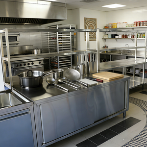 Meja Kerja Stainless Steel Komersial HELAXEN Kaki Tinggi Dapat Disesuaikan Bahan Food Grade Kapasitas Beban 300kg/m untuk Dapur - Product Image 2