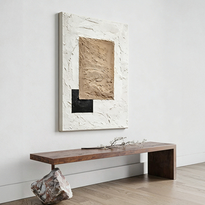 Quadro Verticale Wabi Sabi 3D con Texture in Gesso, Arte Astratta Geometrica <span class=keywords><strong>Art</strong></span> Déco, Pittura a Olio su Tela Bianco Sporco, Taupe e Nero, con Cornice in Legno - Product Image 1