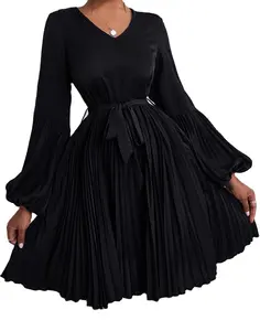 OEM/ODM-vestido informal plisado con cinturón para señora, elegante vestido negro informal con mangas abullonadas
