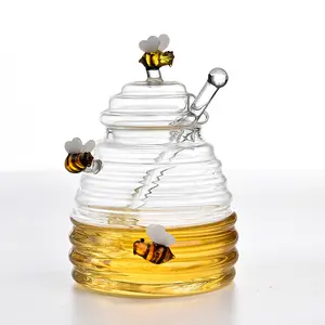 39 년 공장 새로운 놀라운 꿀벌 디자인 높은 붕규산 유리 꿀 용기 손으로 불어 유리 꿀 항아리 250ml 용량