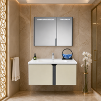 Meuble-lavabo mural moderne en acier inoxydable pour salle de bain, résistant à l'eau, avec vasque en céramique sans joint et double porte silencieuse