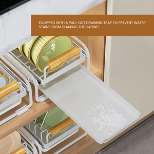 Japanese Style Sliding Drawer Tableware Utensil Bowl and <b>Dish</b> Plate Storage Organizer Drying Rack With Wood Handle for Cabinet - Product Image 3