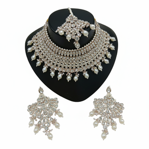 <b>Gold</b> Plated Brass Zircon Ethnic Bridal Jewelry <b>Set</b> Choker Necklace Drop Earrings Tikka High Quality Wedding Engagement Gift - Product Image 2