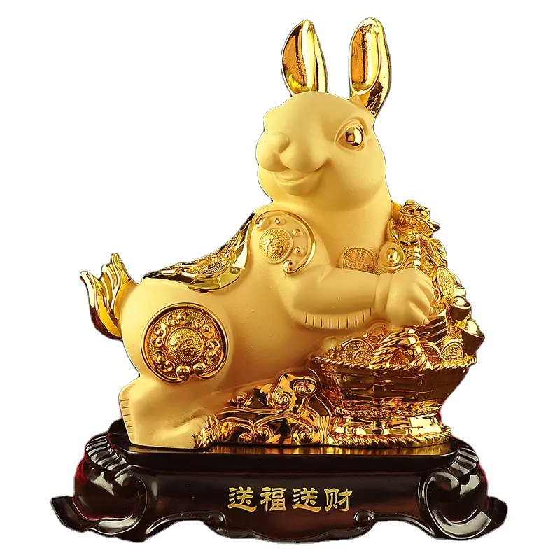 Feng Shui Zodiac Signs Rabbit Lucky Wealth Chinese Golden Rabbit Coin Office Home Tabletop Shop Piggy Bank Ornament Fortune Gift