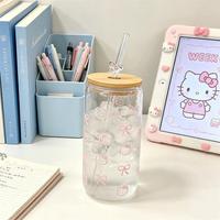 Gobelet à jus de fruits en verre borosilicate de haute qualité, style Ins, motif dessin animé, résistant à la chaleur, grande capacité, avec couvercle et décoration nœud papillon