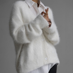 Pull en cachemire de vison pour femme, col en V, tricoté, coupe ample, couleur unie, automne-hiver, cardigan, taille unique, gris, kaki, clair - Product Image 4