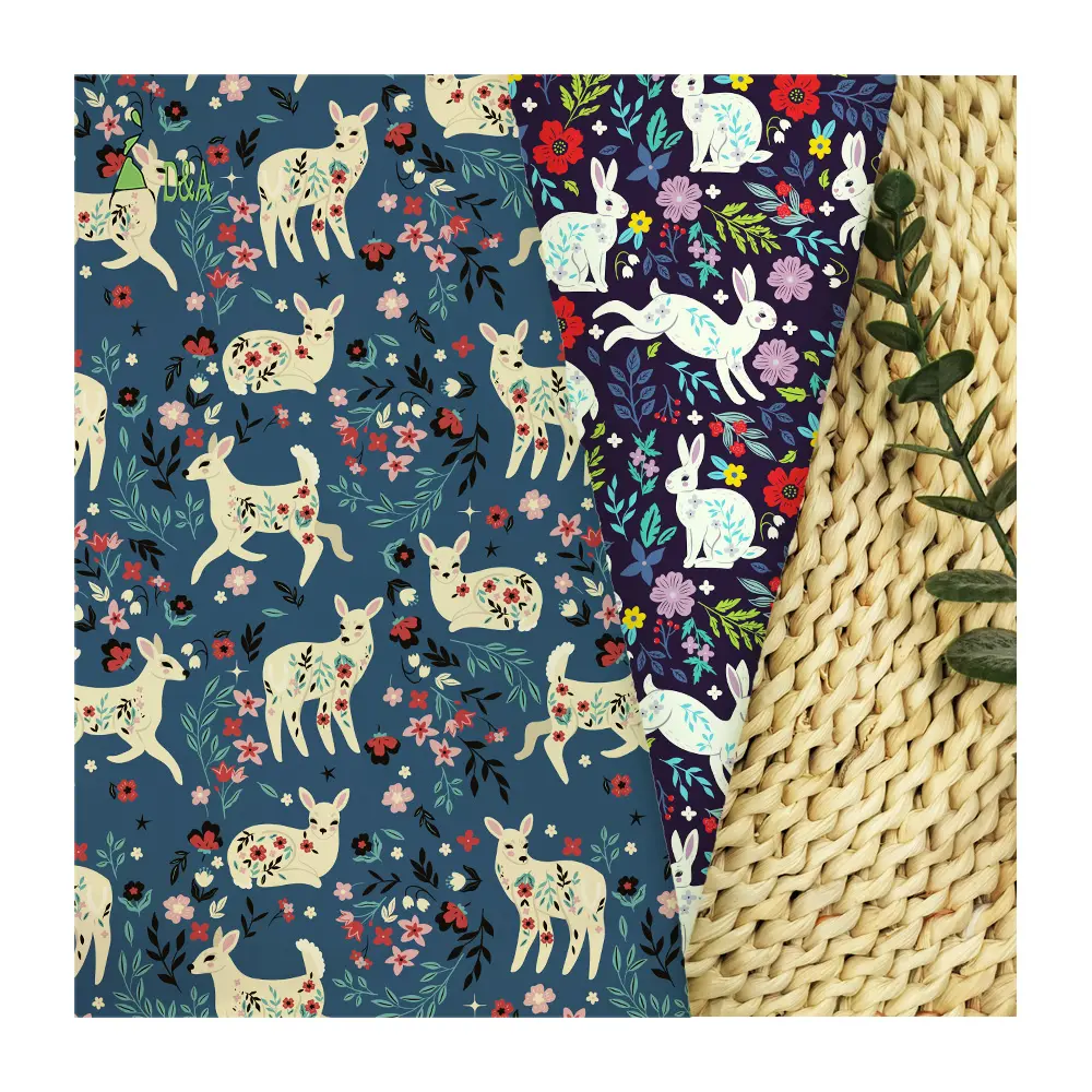 Lindo ciervo y conejos con tela estampada floral suave 100% tela de popelina de algodón para ropa para decoración del hogar