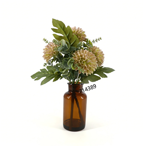 Bouquet di Crisantemi Artificiali in <span class=keywords><strong>Vaso</strong></span> di Vetro Marrone 28x35cm, <span class=keywords><strong>Fiori</strong></span> di Dalia Rosa Autunnali in <span class=keywords><strong>Vaso</strong></span> per Decorazione Casa - Product Image 1