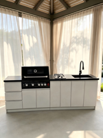 Station de cuisson extérieure toutes saisons avec barbecue à gaz 5 brûleurs, plaque de cuisson 2 brûleurs, évier, unité de cuisine en acier inoxydable, allumage électronique, haute performance