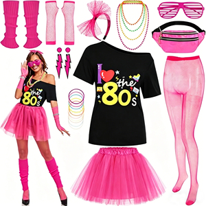 Costume rétro années <span class=keywords><strong>80</strong></span> amélioré pour femme, ensemble d'accessoires de fête années <span class=keywords><strong>80</strong></span> avec t-shirt, jupe <span class=keywords><strong>tutu</strong></span> et sac banane - Product Image 1