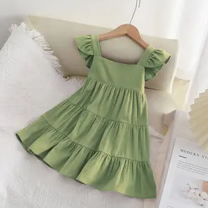 Vestido infantil para meninas, vestido casual com 7 cores estilo europeu e americano, roupas infantis para meninas, mangas voadoras, ideal para meninas