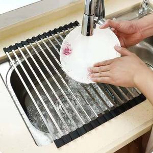 Escurridor de fregadero de cocina de acero inoxidable 304, estante de tubos cuadrados para platos, estante de filtro de platos de frutas y verduras plegado, 1 unidad - Product Image 1