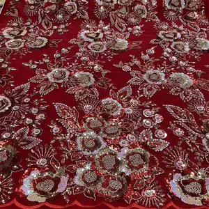 Französische Schnürsenkel Stoffe Hochwertige Tüll African Red Stoff Perlen Stickerei Spitze Nigerian ische Hochzeit Spitze Stoff