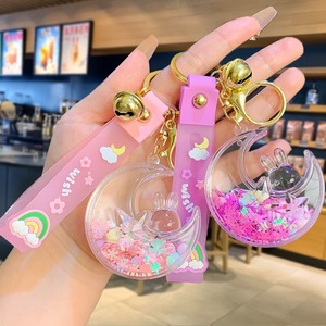 Girly Heart Quicksand Bottle Pendant Oil-Filled Colorful Bubble Beads with Star Moon Rabbit Keychain Made of Acrylic Plastic