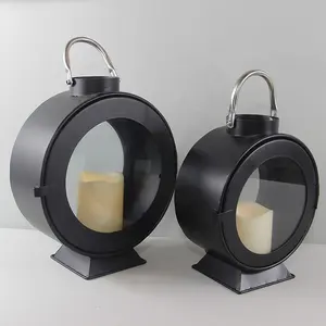 BLACK ROUND METAL LANTERN, INCLUDE LED PLASTIC CANDLE INSIDE, FLAMELESS, DECORATIVE