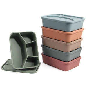 Silicone Compartmentalized Lunch Box With Lid Rectangle 4-Compartment Bento Box For Camping <b>Refrigerator</b> Microwave Safe - Product Image 4