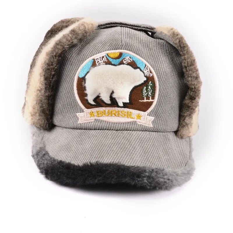 Wholesale 6 panel Men Corduroy Hunting Hats Winter Warm Faux Fur Earflap Sherpa Baseball Caps with ear flaps