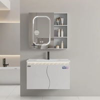 Meuble de salle de bain moderne en acier inoxydable résistant à l'humidité avec lavabo mural en céramique et miroir lumineux – Ensemble de meubles de salle de bain