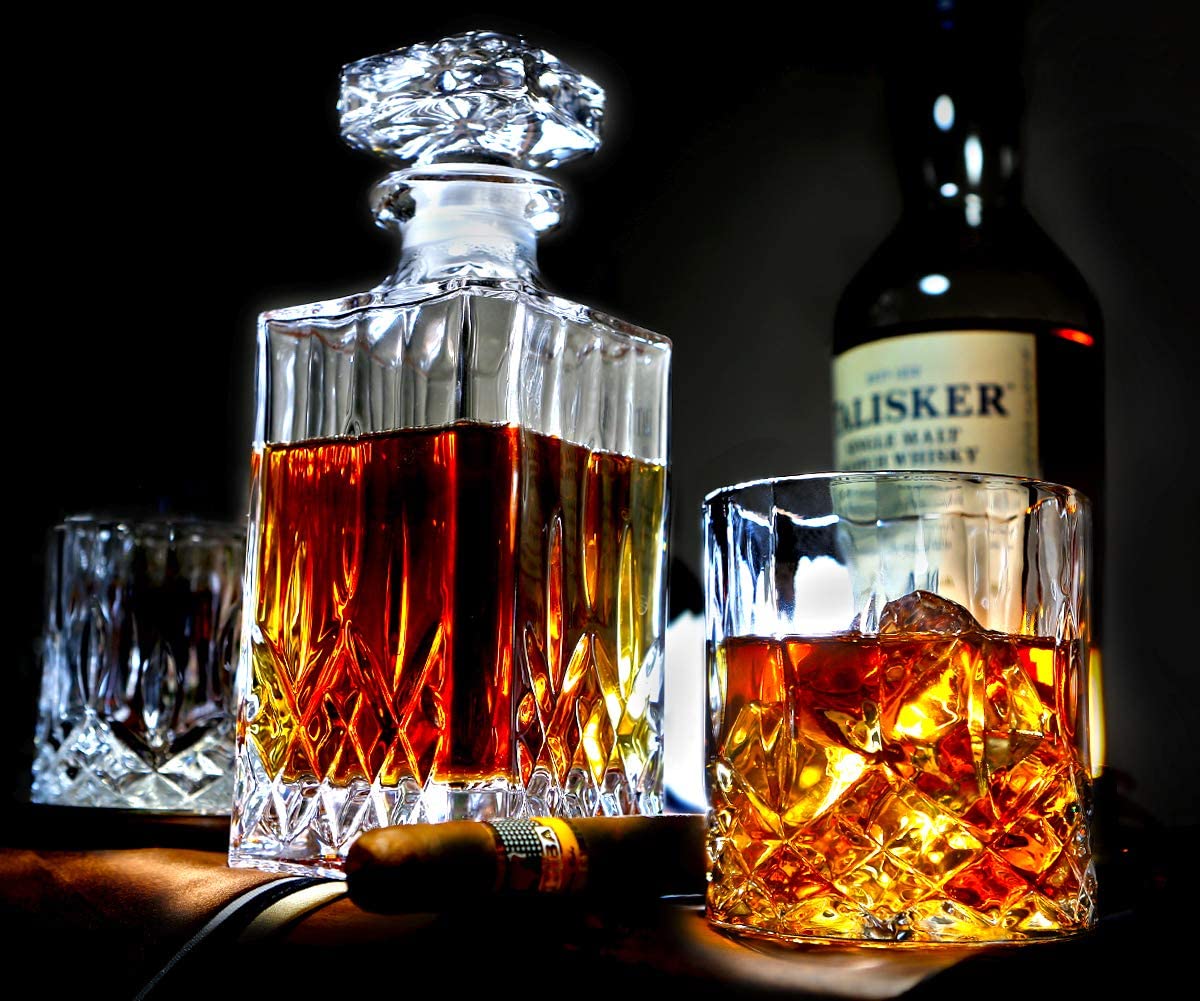 Crystal Whiskey Decanter & Whiskey Glasses Set, Crystal Decanter Set With 4 Whiskey Glasses, Whiskey Decanter Sets