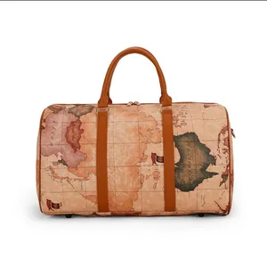 杰珍定制地图标志白色皮革印花PU旅行包防水商务男士大容量行李袋