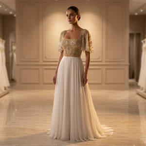 Hand Beaded Sleeveless Bridal Dress Crystal Embroidery Draped Satin <b>Skirt</b> Natural Waistline Floor-Length Sweep Train Plus Size - Product Image 5