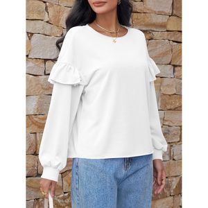 Fisoew Sweat-shirt à col rond pour femme, manches longues, volants, coupe ample, pull court, tenue décontractée d'automne - Product Image 5