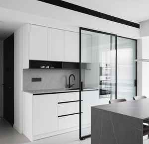 SANTOPOVA Armoires de cuisine modernes et minimalistes blanches à haute brillance avec portes en verre et <span class=keywords><strong>four</strong></span> encastré - Product Image 3