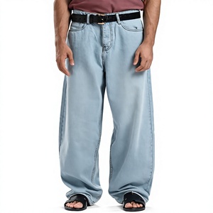Men's Light Blue Wide Leg Denim Jeans High Waist Loose Fit Casual Style Spring Cotton Fabric Regular Wash - Product Image 1