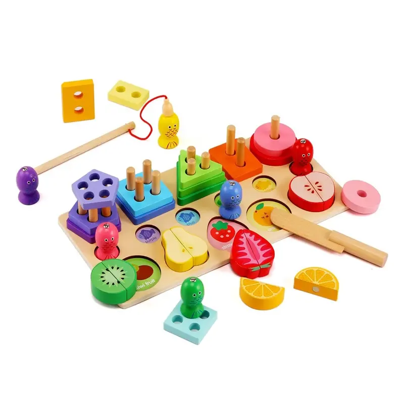 木製モンテッソーリ仕分けスタッキングプレイカッティングフルーツフィッシュゲームシェイプソーターラーニングおもちゃ幼児用