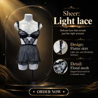 Set Lingerie Hitam Berbahan Lace, Gaun Slip Mesh dengan Ruffle, Pakaian Tidur Transparan untuk Wanita