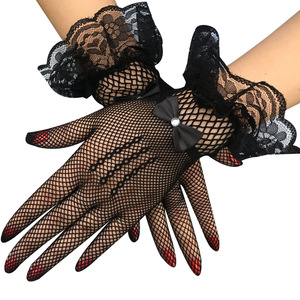 MIO Gants Courts <span class=keywords><strong>Mariage</strong></span> Mariée Femme Noirs en Nylon Résille Élastiques avec Nœud Papillon Élé<span class=keywords><strong>gant</strong></span> et Strass Dentelle pour Poignet - Product Image 1