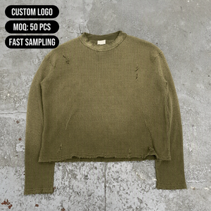 T-shirt Termica Streetwear Personalizzata a Maniche Lunghe in Maglia Waffle con Effetto Lavaggio Acido, Abbigliamento Retrò - Produttore - Product Image 1