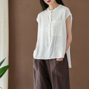 <span class=keywords><strong>2023</strong></span> été coton chanvre femmes nouveau littéraire ample col montant haut en lin femmes à manches courtes t-shirts T-shirt - Product Image 4