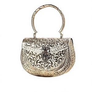 Handmade Metal Floral Flap Evening <b>Bag</b> Half Moon Shape Ring Strap Elegant Party Clutch Decorative Embroidery - Product Image 1