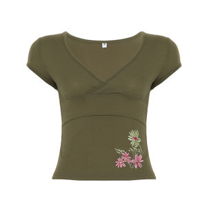 Olive Green Vintage Embroidered Floral Eco-Friendly Anti-UV Breathable Top Cross <b>V</b>-<b>Neck</b> Short Sleeve <b>T</b>-<b>Shirt</b> Custom Logo Slim - Product Image 6