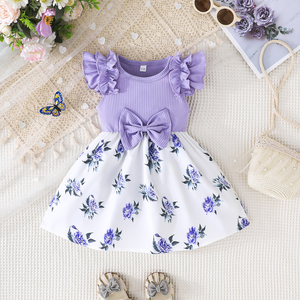 ชุดเดรสลายดอกไม้ฤดูร้อนสุดเก๋สำหรับเด็กผู้หญิง เสื้อผ้าเด็ก ตกแต่งขอบระบาย ประดับโบว์ แขนกุด ใส่ได้ทุกวัน - Product Image 1