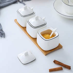 Ensemble de pots à épices en céramique blanche, avec couvercle et cuillère, rond et carré, personnalisé, pour assaisonnement, sel et sucre, cuisine - Product Image 4