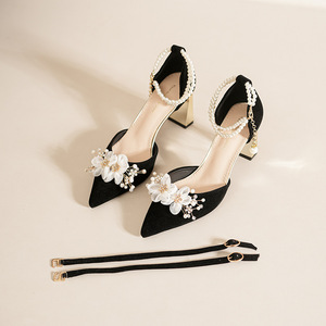 7500H-003 <b>Red</b> Velvet Heeled Sandals Pointed Toe Mid <b>Heel</b> Flower Decorated Bridal Wedding Shoes Comfortable Women Back Strap - Product Image 3