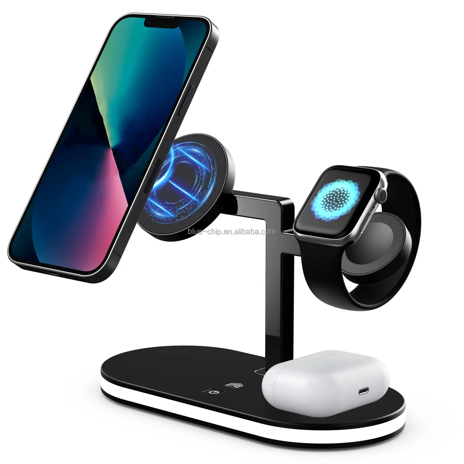 Portable Desktop Cellphone Watch Estação de carregamento sem fio com lâmpada de cabeceira 3 em 1 15W Fast Charging Magnetic Wireless Charger