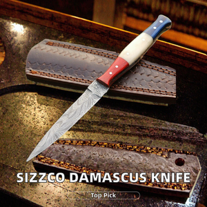 Beautiful Sizzco Handmade Damascus Steel Fixed Blade Hunting Camping Skinner Guthook <b>Knife</b> <b>Handle</b> USA Flag Style Wood <b>Bone</b> OEM - Product Image 2