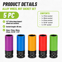 Set Peralatan Servis Mur Roda Mobil 5 Buah, Soket Impact Dinding Tipis Pelindung Cr-Mo 1/2 Inch Drive, 17 19 21mm SAE