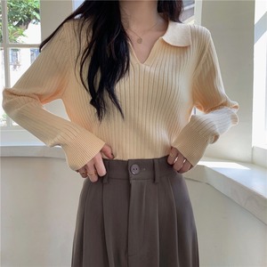 Women's Ribbed Polo Collar Knit Top Apricot Long Sleeve Solid Color Sweater Autumn Winter Inner Layer High End Base Layer - Product Image 2