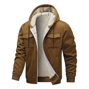 Men's Hooded <b>Fleece</b> <b>Jacket</b> Solid Color <b>Thick</b> Warm Zipper Casual Winter Coat With Pockets - Product Image 1