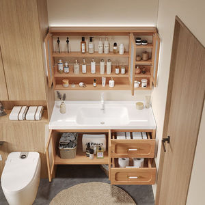 Modern <b>oak</b> painted ceramic integrated basin bathroom cabinet washbasin smart mirror cabinet - Product Image 3