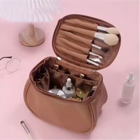Trousse de Maquillage Grande Capacité en Cuir pour Femme, avec Poignée Souple, Fermeture Éclair, Résistante à l'Eau, Légère, pour Voyage
