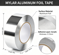 Ruban adhésif en aluminium Mylar résistant aux hautes températures, imperméable, anti-ondes électromagnétiques, forte adhérence, résistant au vieillissement et aux déchirures