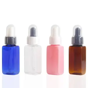 Garrafa de gotejador para pet 30ml, garrafa de plástico quadrada colorida para pet, venda quente, garrafa de óleo essencial para cabelo