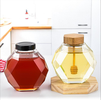 Haute qualité luxe vide 220ml/380ml pot de miel hexagone conteneur miel bouteille en verre pot avec bois