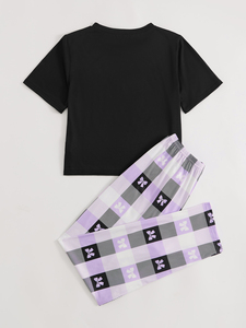 Conjunto de pijama para <span class=keywords><strong>mujer</strong></span> con estampado de cuadros y lazo, camiseta de manga corta y <span class=keywords><strong>pantalones</strong></span> largos, ropa cómoda para estar en casa - Product Image 2